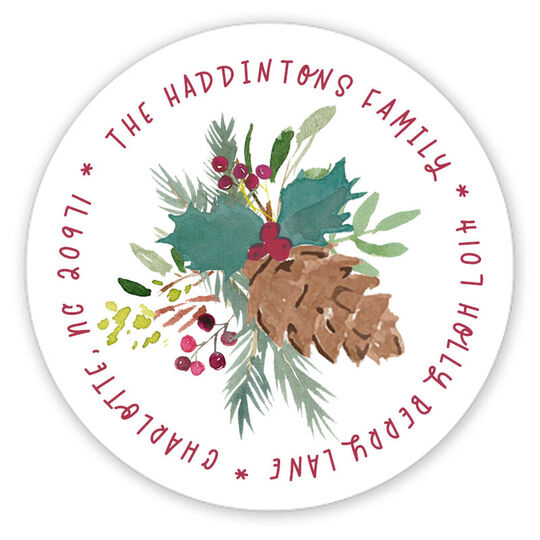 Burgundy Pine Cone Spray Round Address Labels